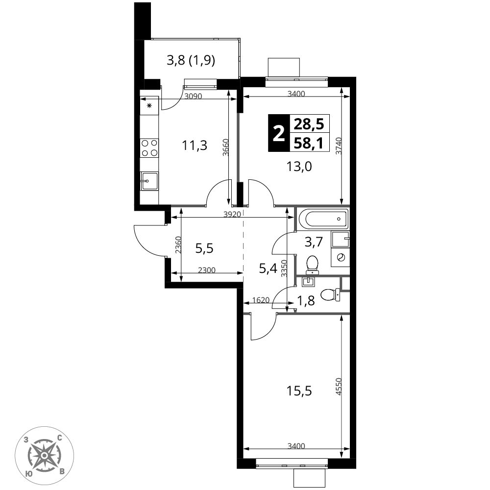 2-комнатная 58 м2 в ЖК 1-й Шереметьевский корпус null этаж 5