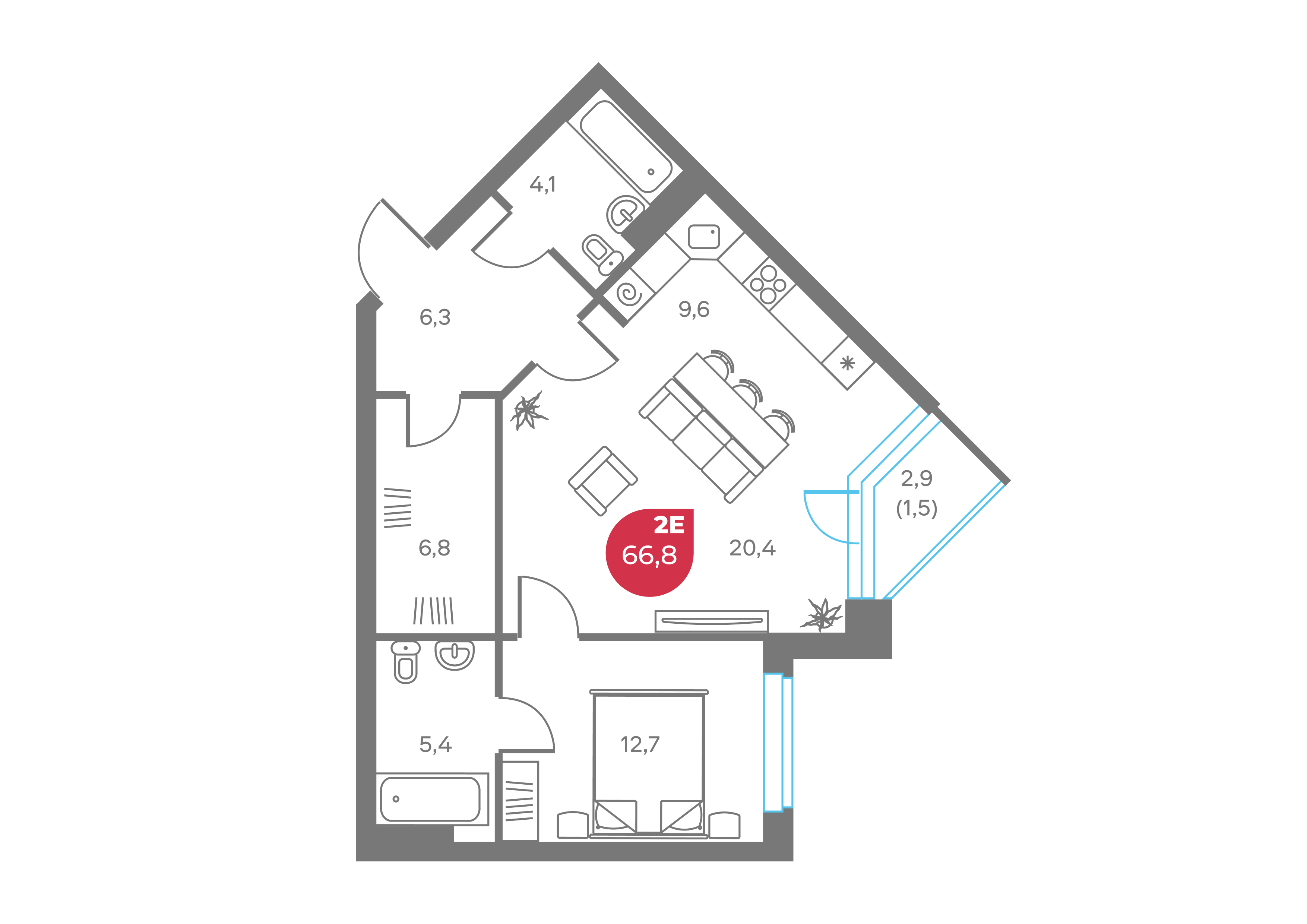 2-комнатная 66 м2 в ЖК Кама корпус null этаж 9