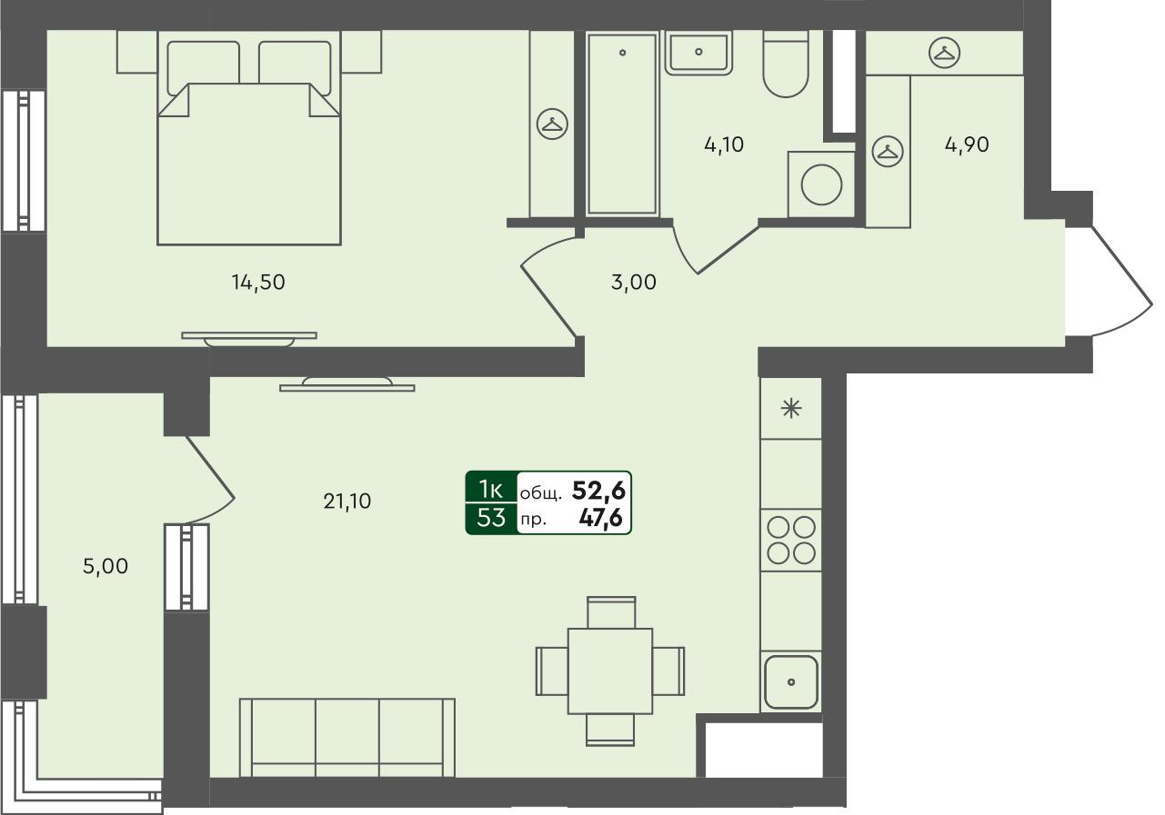 1-комнатная 52 м2 в ЖК Ритмы корпус null этаж 4