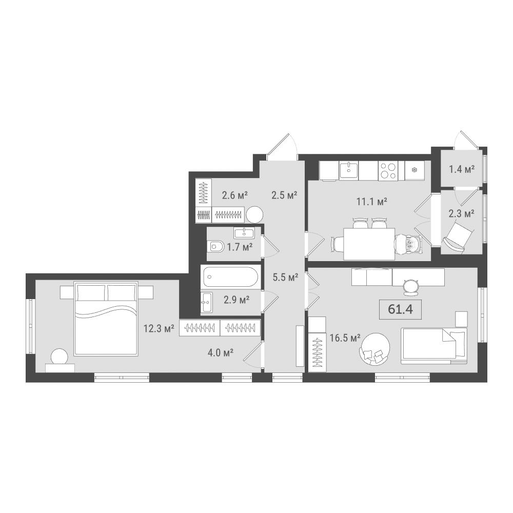 2-комнатная 61 м2 в ЖК Фамильный дом корпус null этаж 6