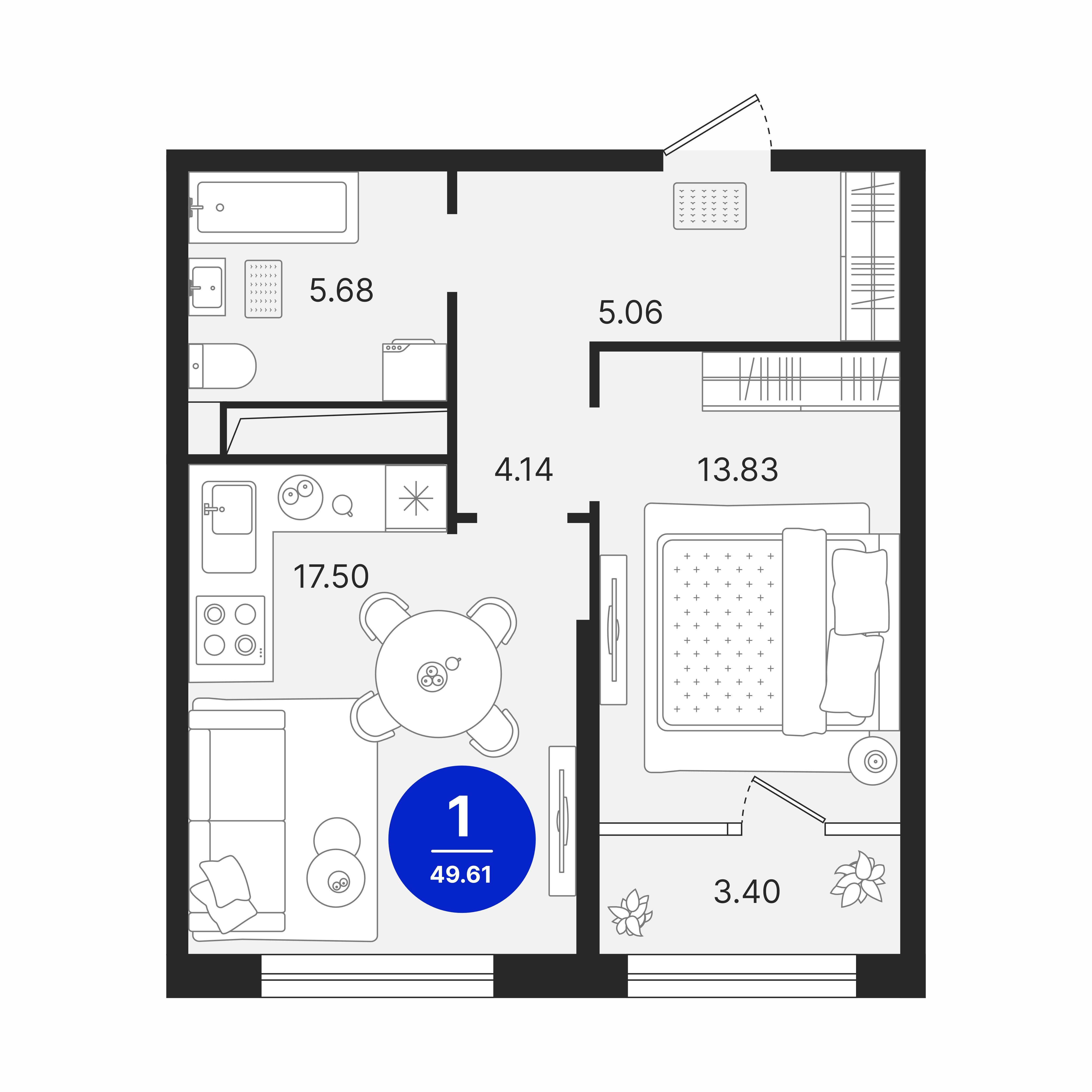 1-комнатная 49 м2 в ЖК Северное Сияние корпус null этаж 7