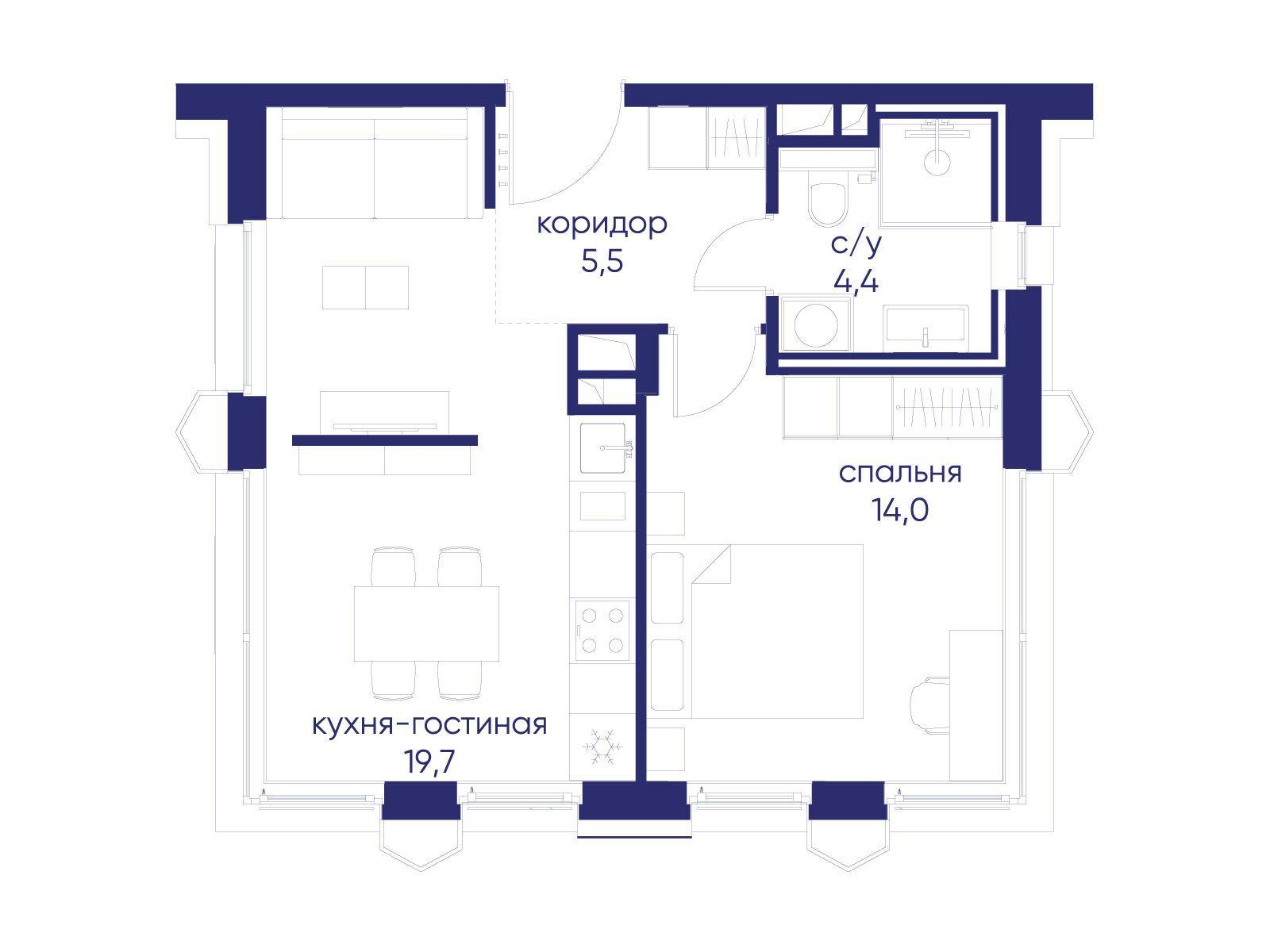 1-комнатная 43 м2 в ЖК Остров корпус null этаж 6