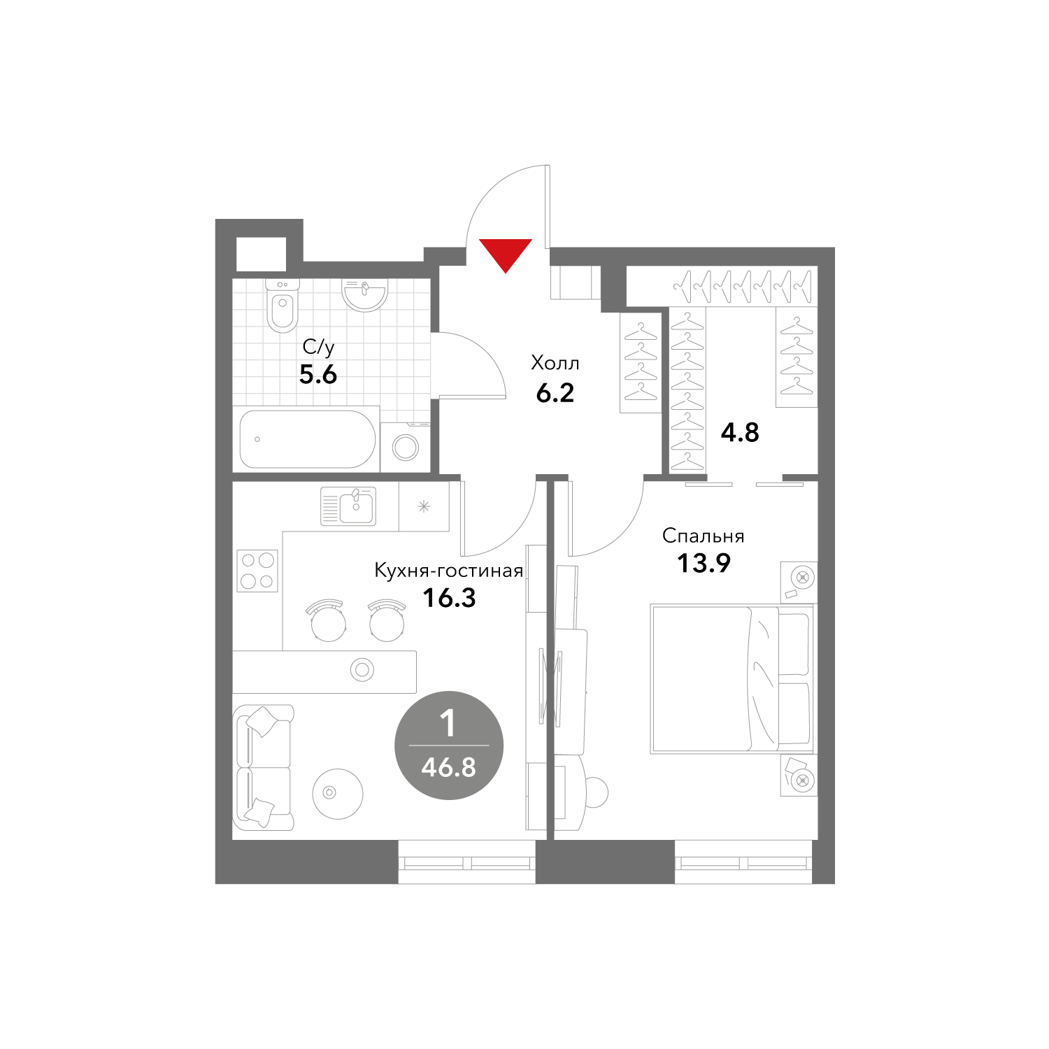 1-комнатная 46 м2 в ЖК Воксхолл корпус null этаж 20