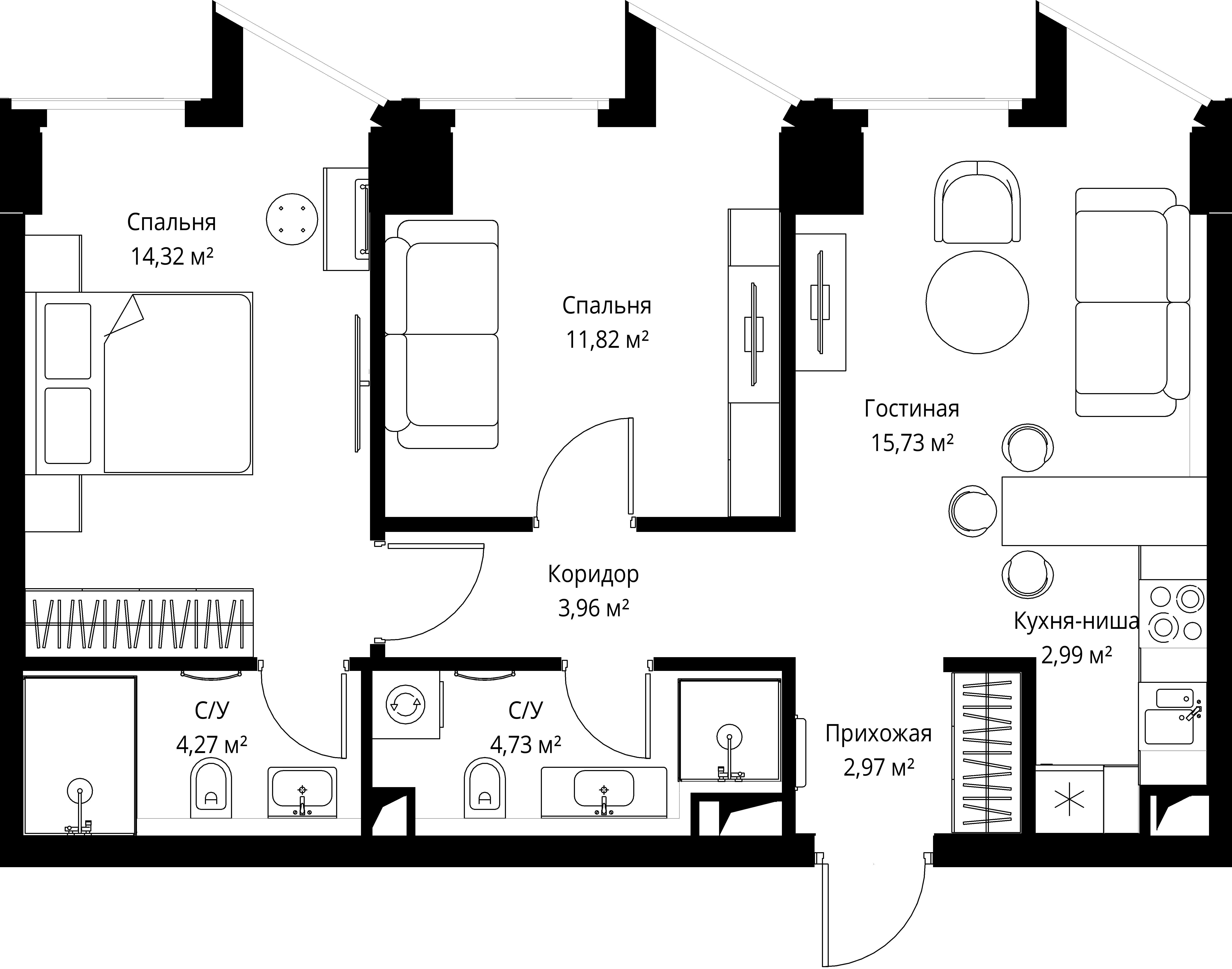 2-комнатная 60 м2 в ЖК Famous корпус null этаж 4