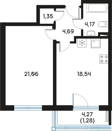 1-комнатная 51 м2 в ЖК Регенбоген корпус null этаж 7