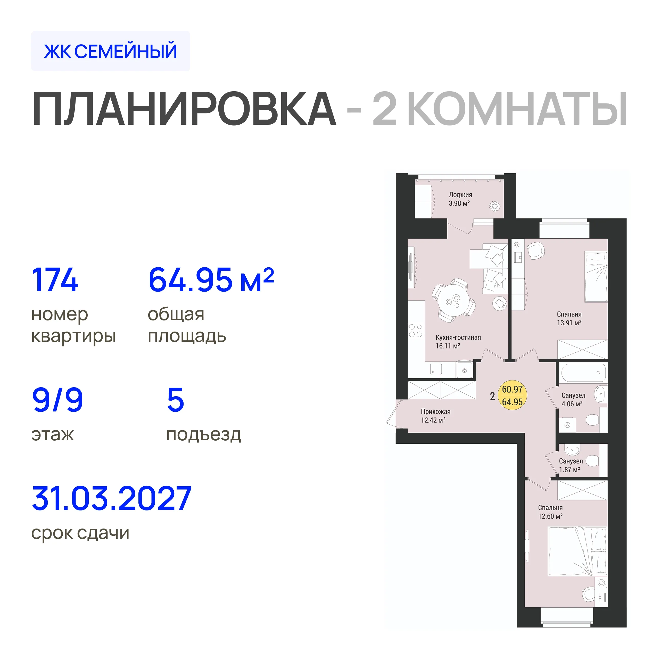 2-комнатная 64 м2 в ЖК Семейный корпус null этаж 9