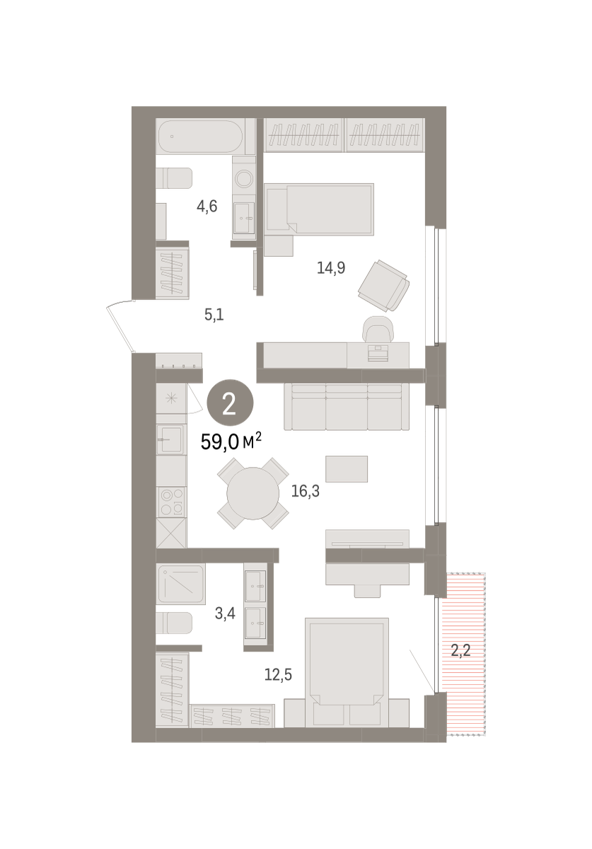 2-комнатная 58 м2 в ЖК Зарека корпус null этаж 5