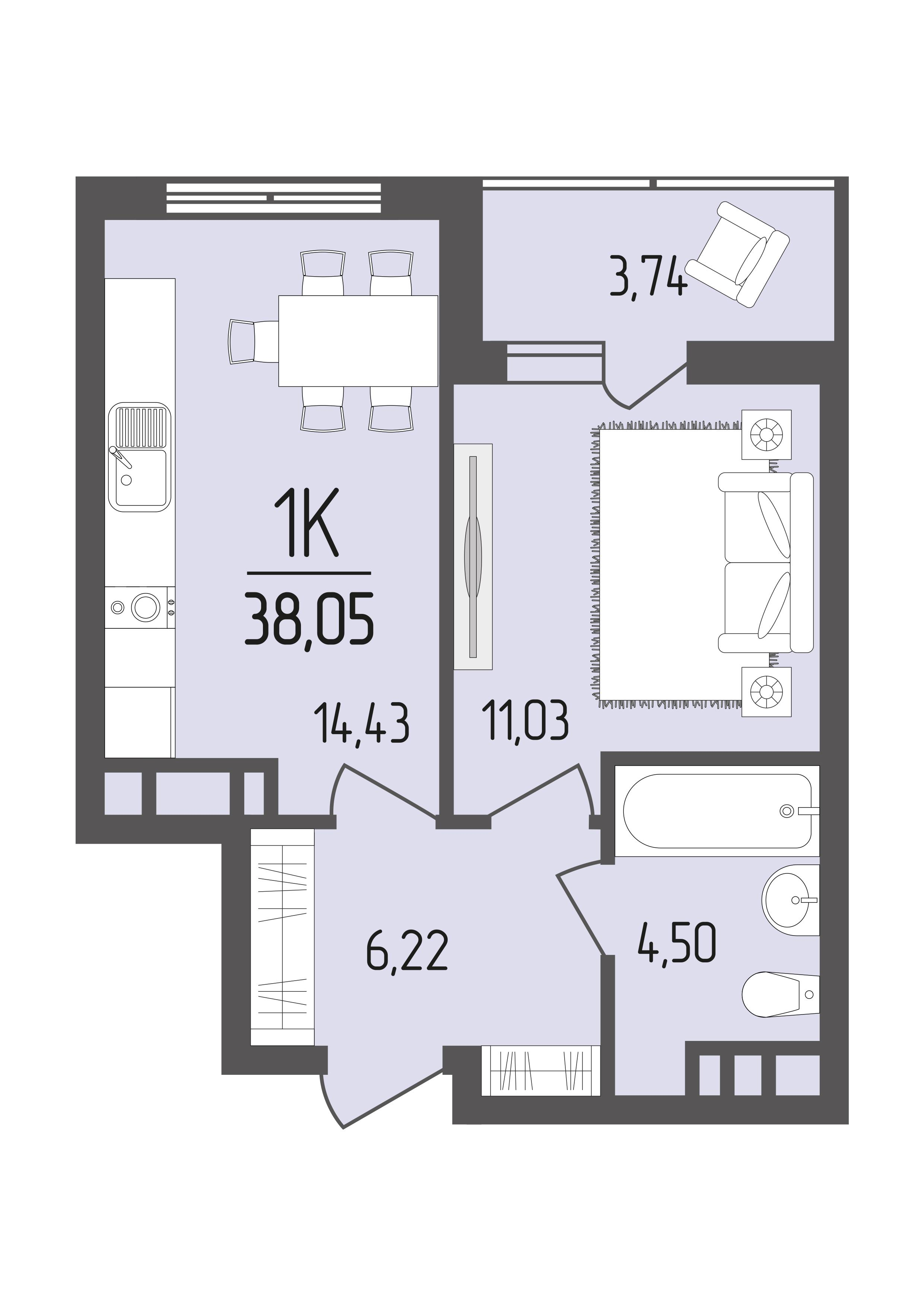 1-комнатная 38 м2 в ЖК Кумир корпус null этаж 6
