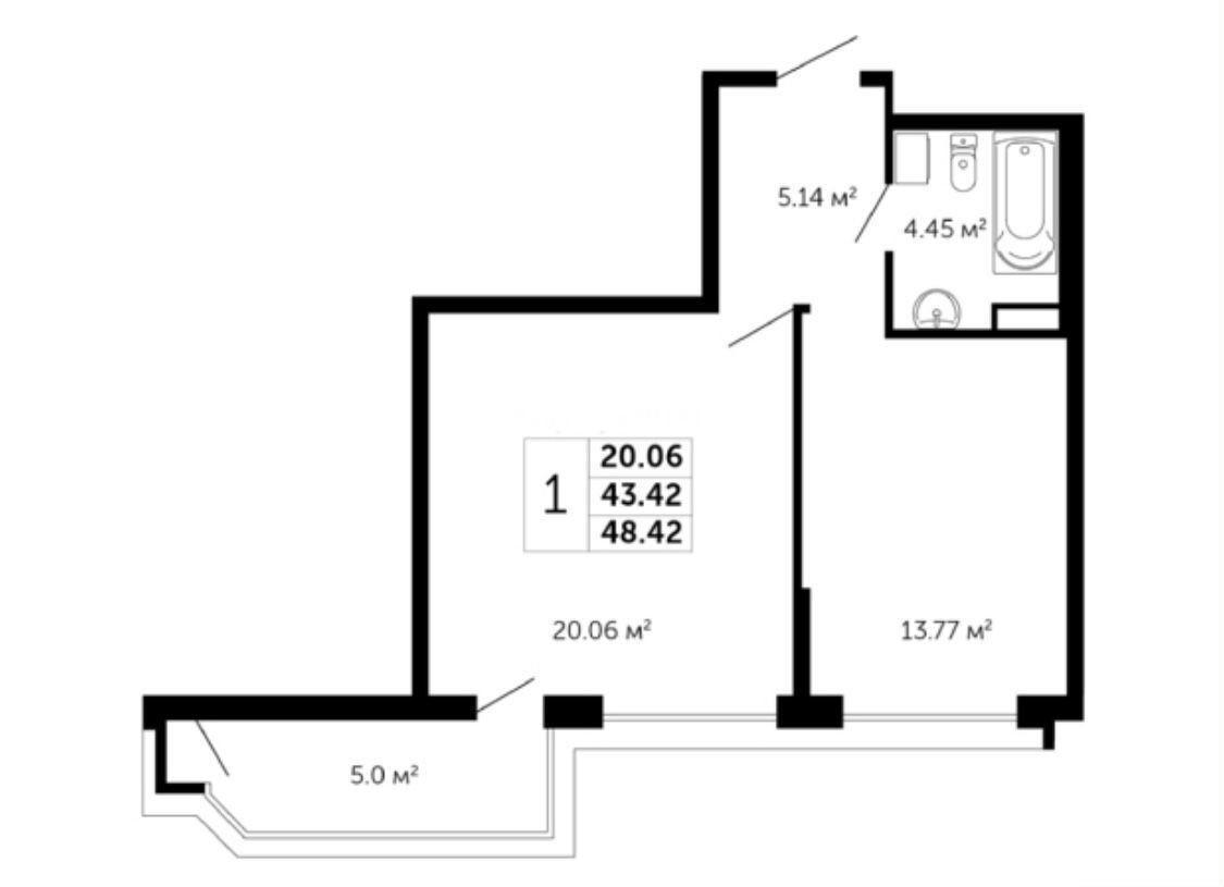 1-комнатная 43 м2 в ЖК undefined корпус null этаж 12