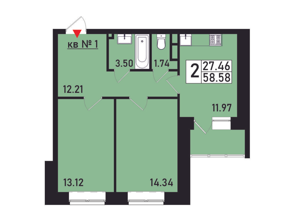 2-комнатная 56 м2 в ЖК Борисоглебское корпус null этаж 1