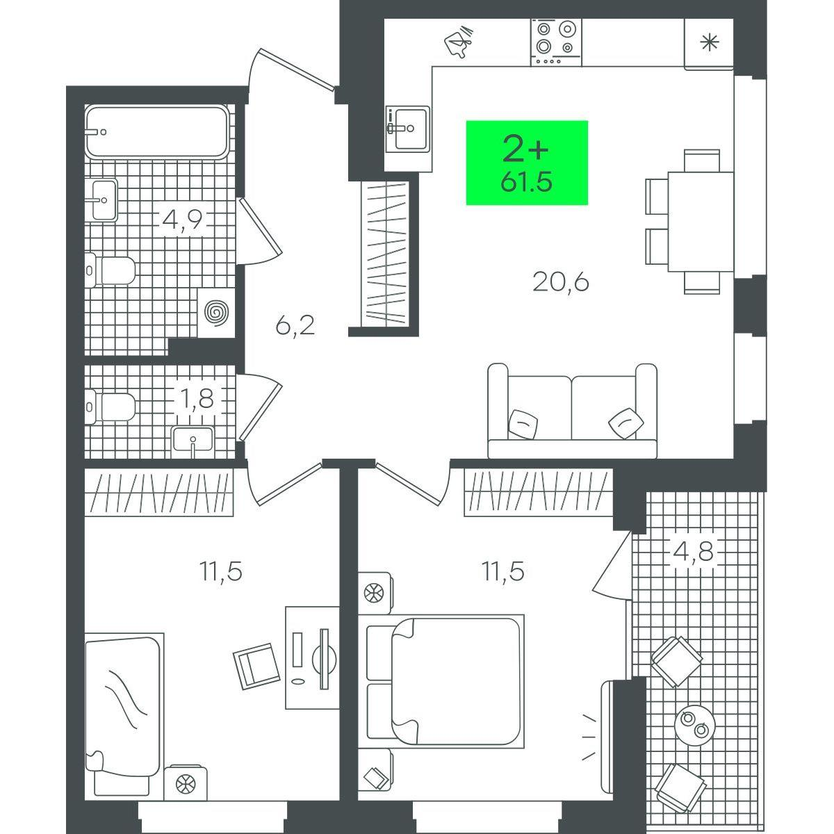 2-комнатная 61 м2 в ЖК Гранд Квартал корпус null этаж 8