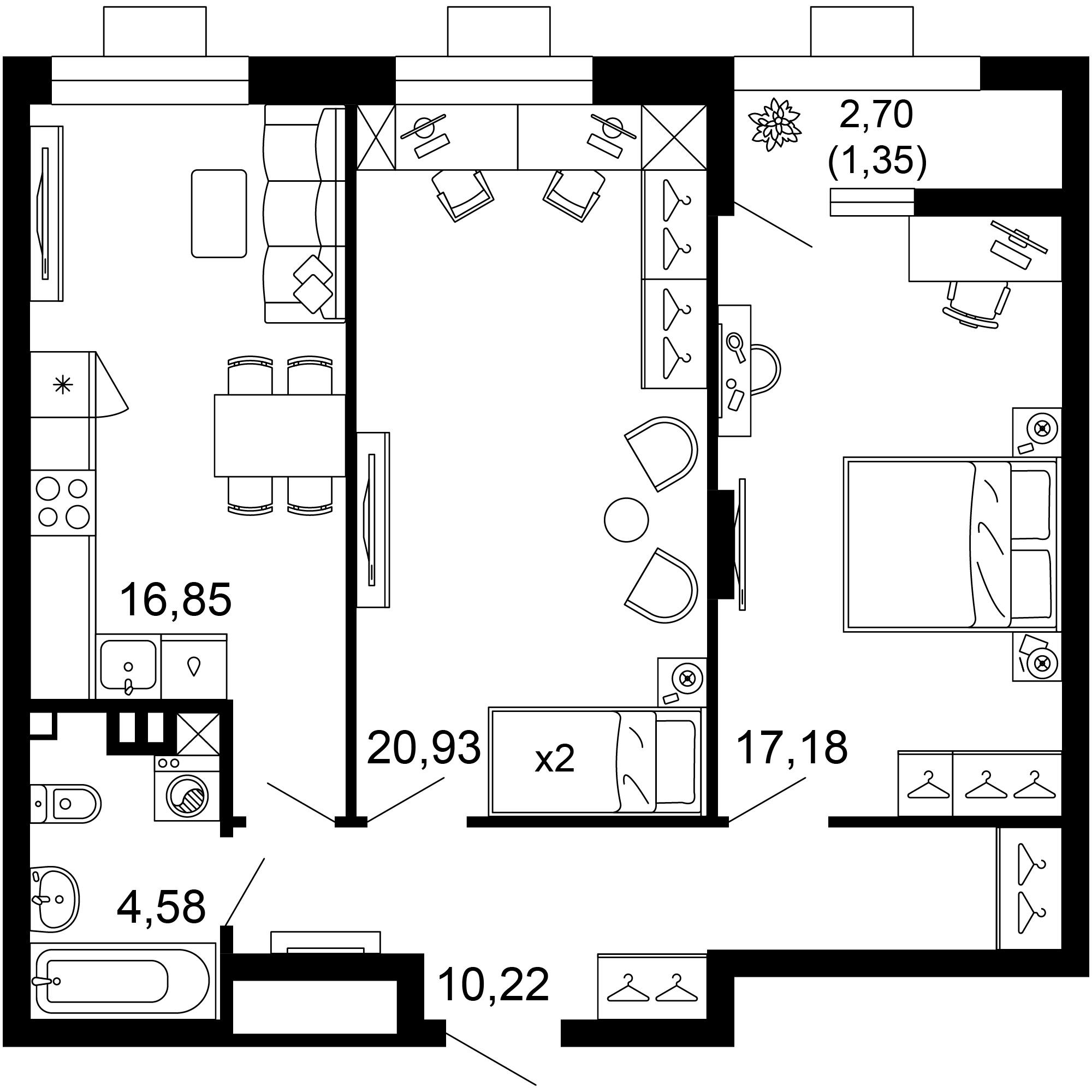 2-комнатная 71 м2 в ЖК 1799 корпус null этаж 1