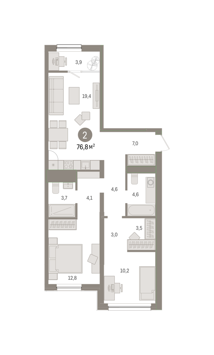 2-комнатная 75 м2 в ЖК Зарека корпус null этаж 7