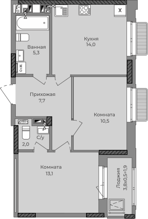 2-комнатная 56 м2 в ЖК Город-парк корпус null этаж 3