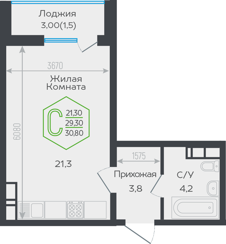 Студия 29 м2 в ЖК Гарантия Прайм корпус null этаж 21