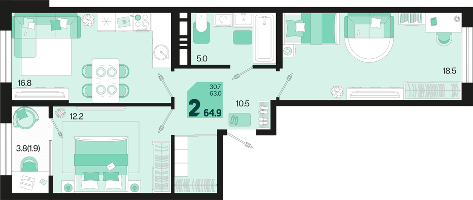 2-комнатная 64.9 м2 в ЖК undefined корпус null этаж 10