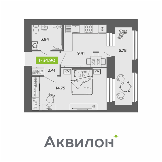 1-комнатная 34 м2 в ЖК Аквилон ROSA корпус null этаж 8