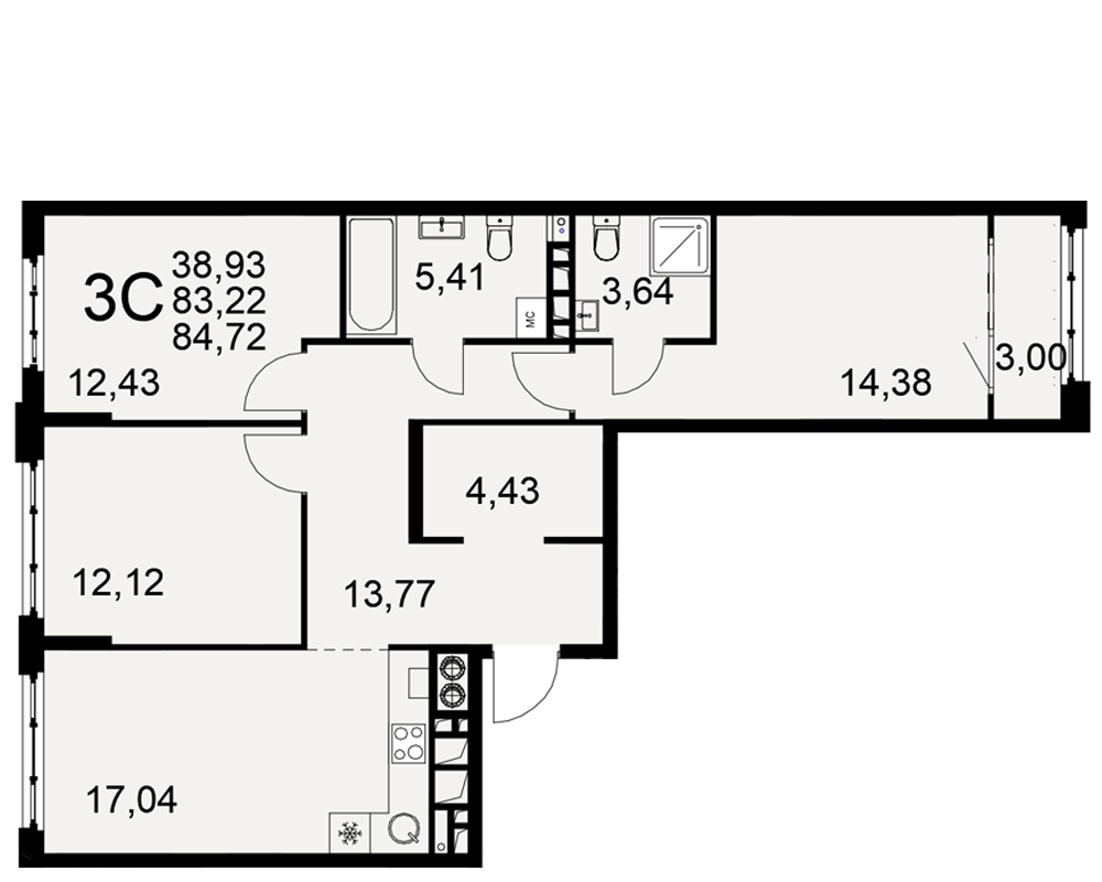 3-комнатная 83 м2 в ЖК Медиана корпус null этаж 7