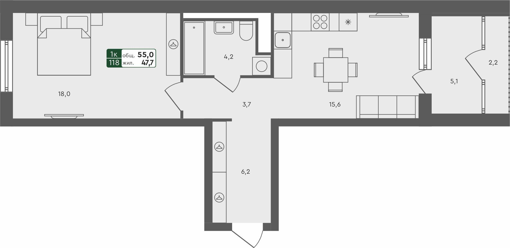 1-комнатная 55 м2 в ЖК Ритмы корпус null этаж 2