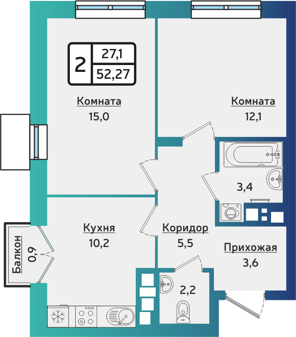 2-комнатная 52 м2 в ЖК ARTNOVA корпус null этаж 2