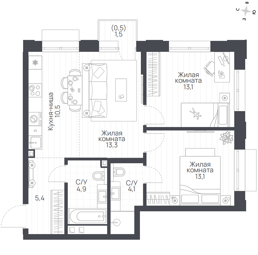 3-комнатная 64.9 м2 в ЖК undefined корпус null этаж 10