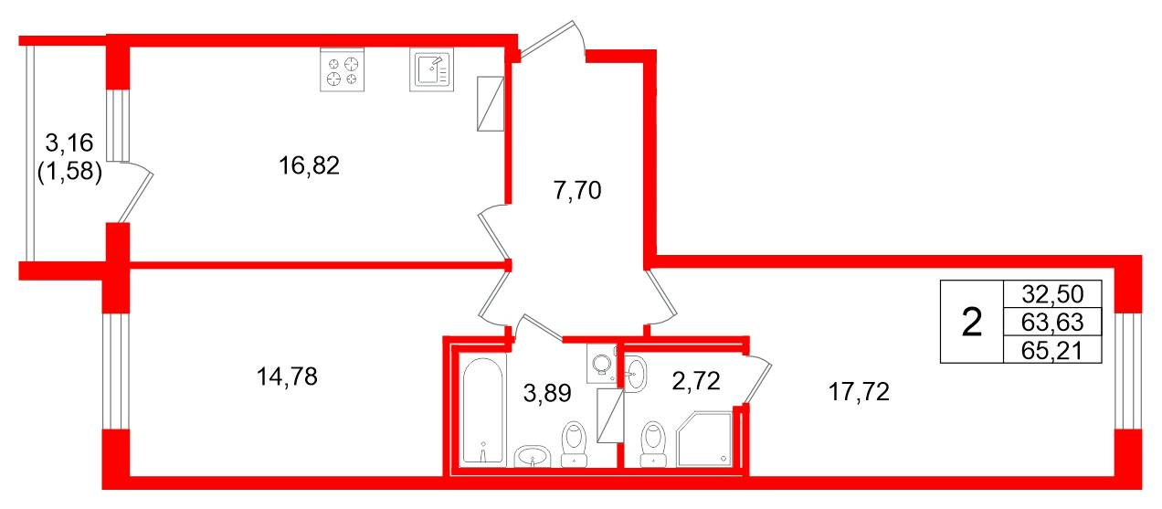 2-комнатная 65 м2 в ЖК Квартал Заречье корпус null этаж 5