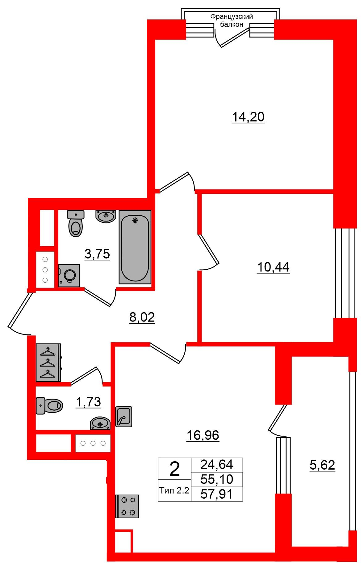 2-комнатная 55 м2 в ЖК Setl Ривьера корпус null этаж 6