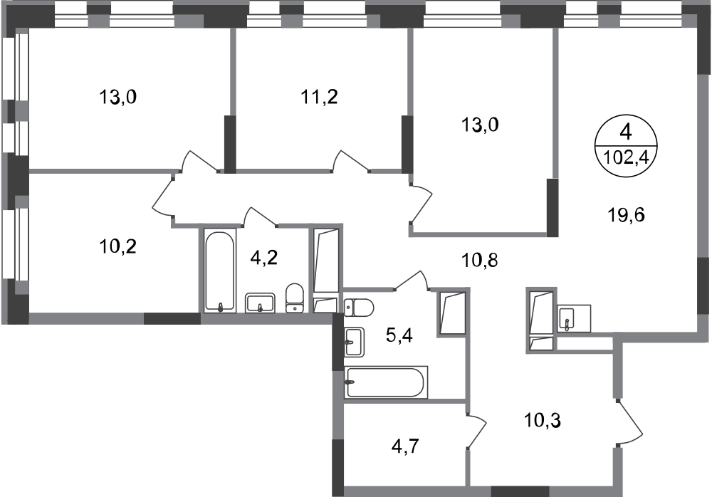 4-комнатная 102 м2 в ЖК Первый Московский корпус null этаж 17