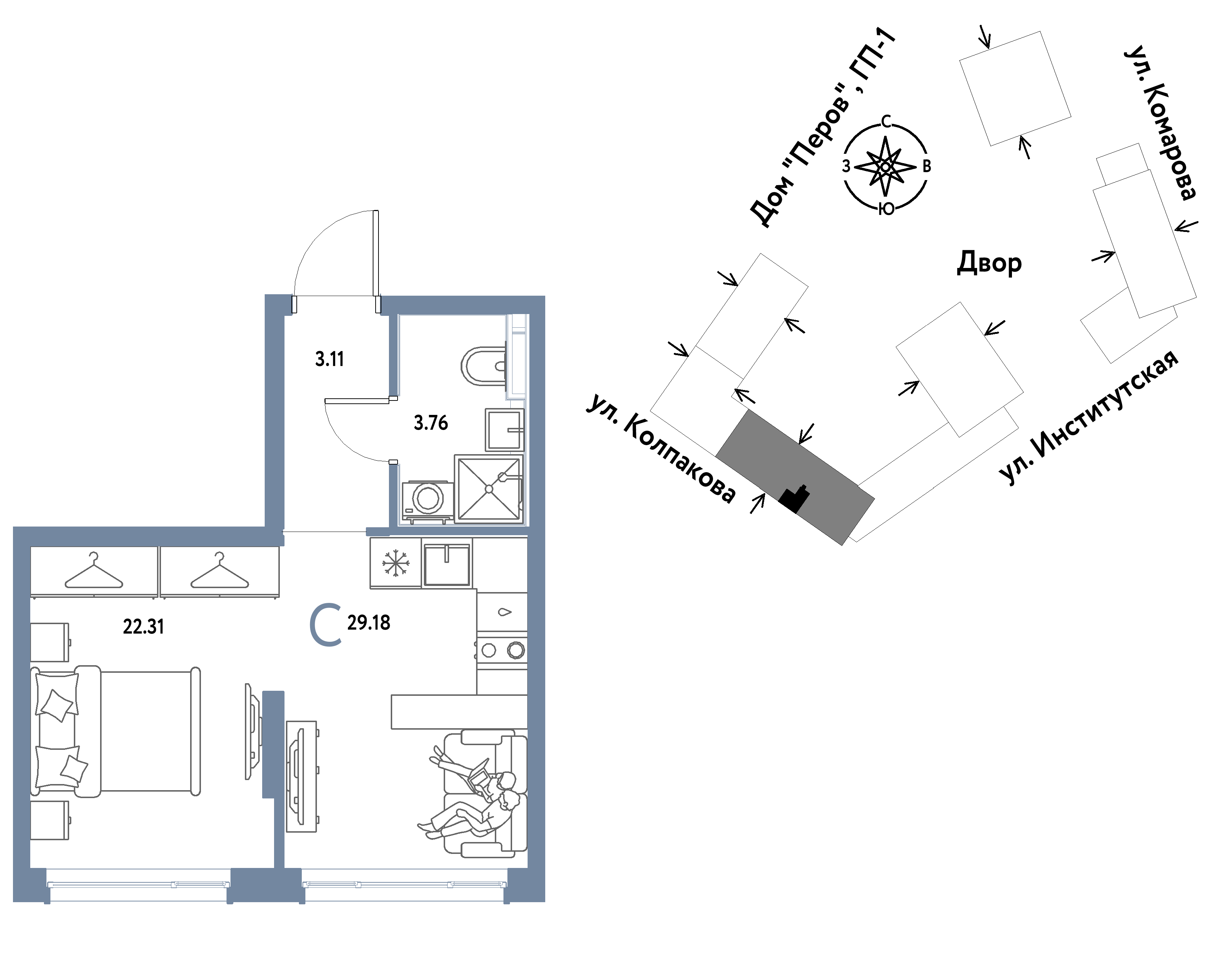 Студия 29 м2 в ЖК Страна.Парковая корпус null этаж 14