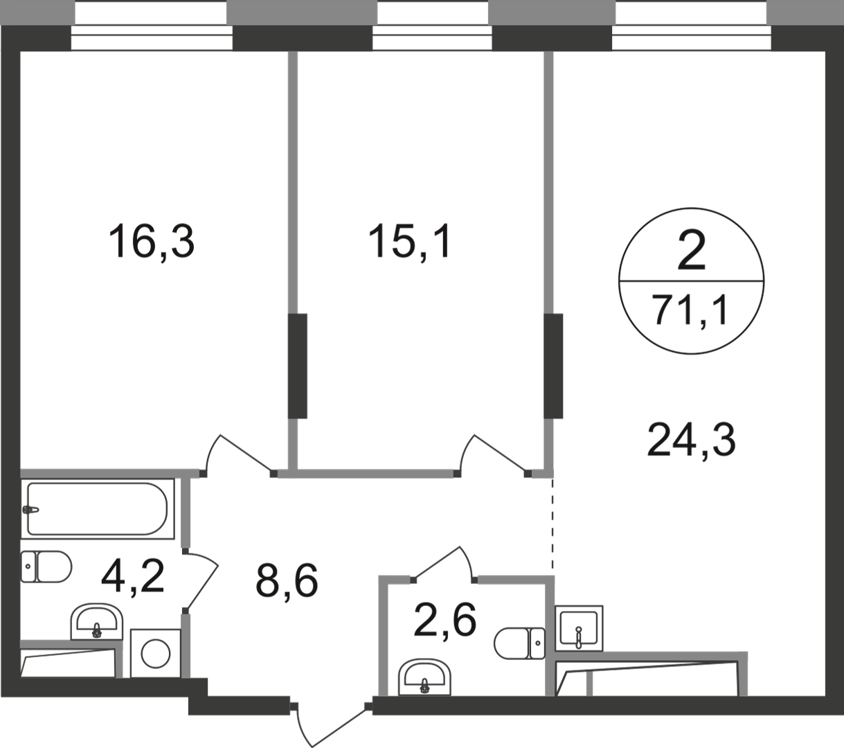 2-комнатная 71 м2 в ЖК Первый Московский корпус null этаж 3