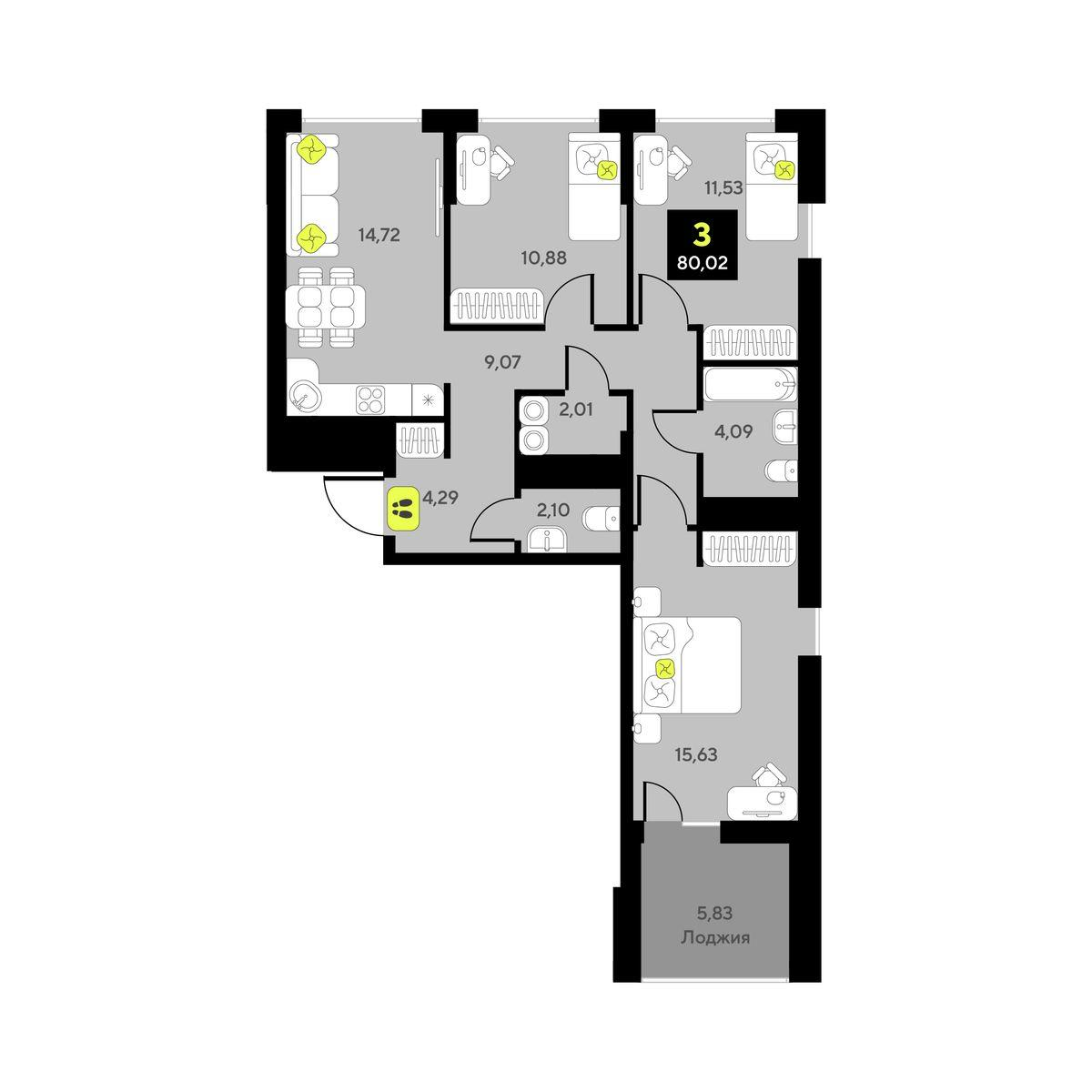 3-комнатная 80 м2 в ЖК Мотивы корпус null этаж 6