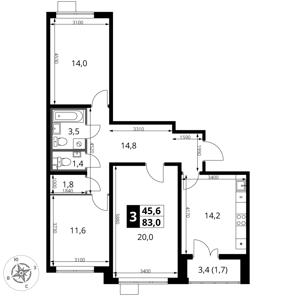 3-комнатная 83 м2 в ЖК 1-й Южный корпус null этаж 2