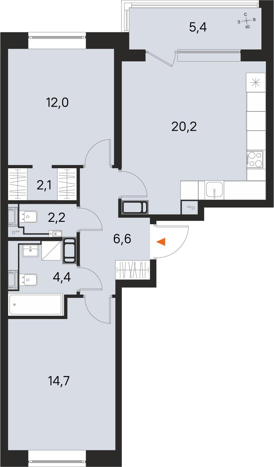 2-комнатная 64 м2 в ЖК М36 корпус null этаж 3