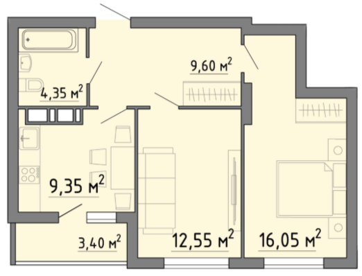 2-комнатная 55.3 м2 в ЖК undefined корпус null этаж 9