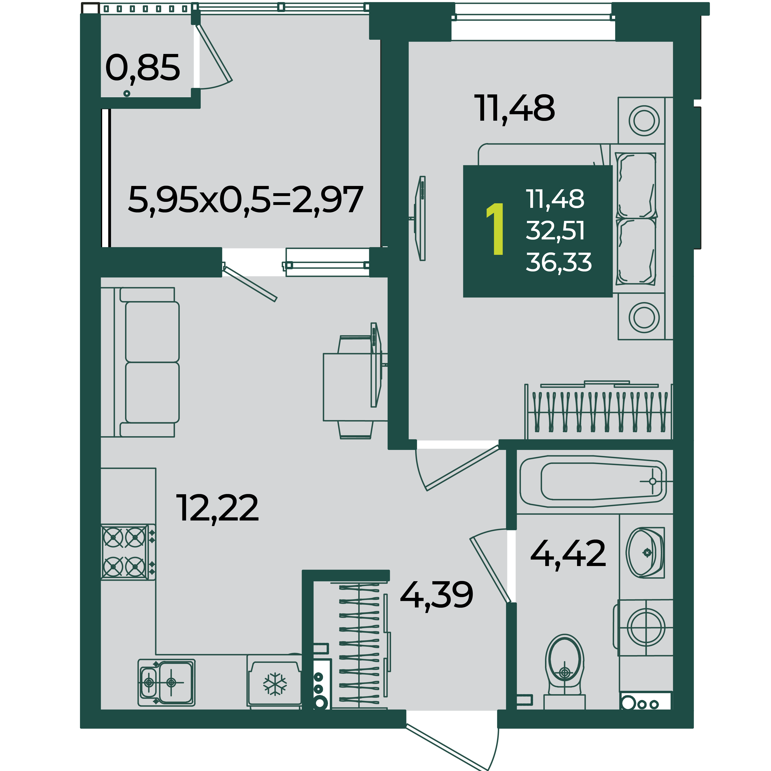 1-комнатная 36 м2 в ЖК Образцово корпус null этаж 2