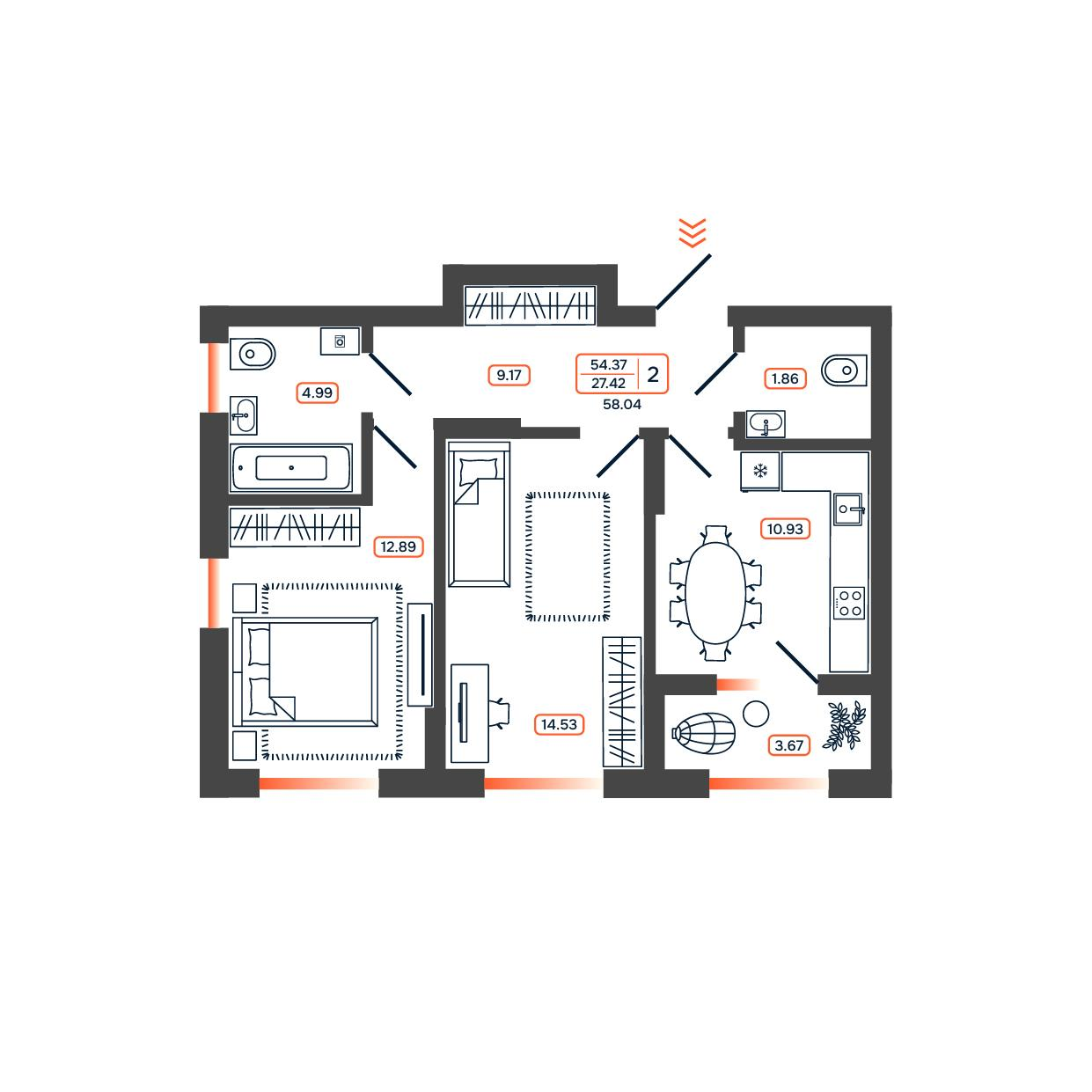 2-комнатная 58 м2 в ЖК Темп корпус null этаж 13