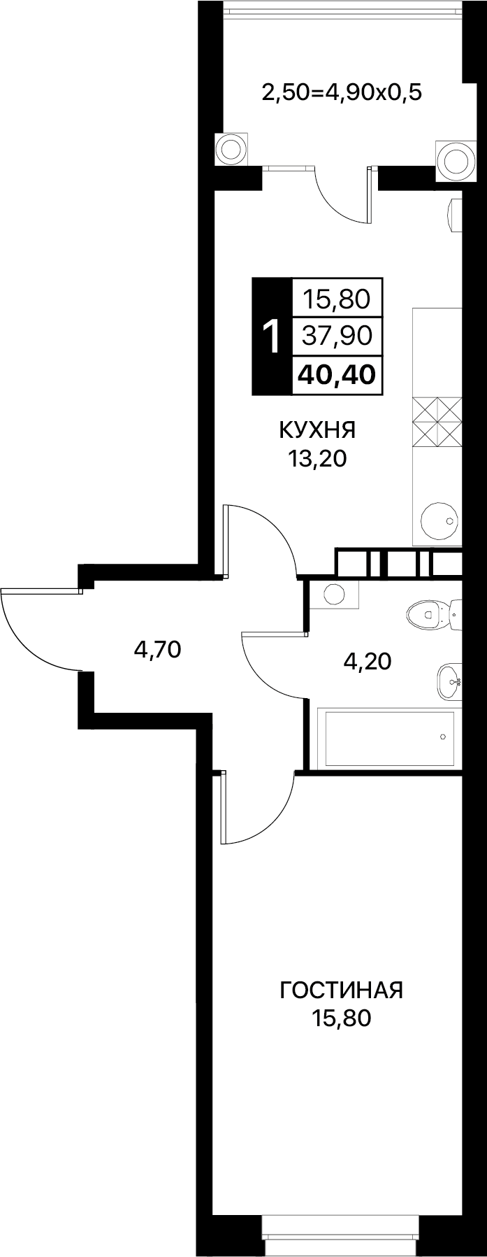 1-комнатная 40 м2 в ЖК СмартПолет корпус null этаж 7