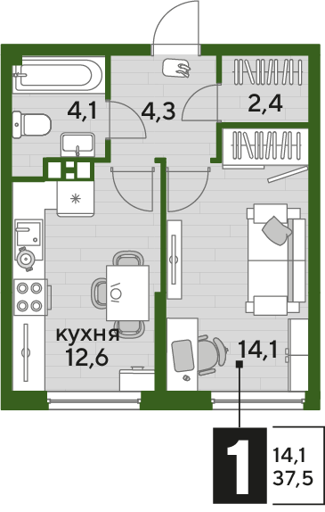 1-комнатная 37 м2 в ЖК Догма Парк корпус null этаж 9