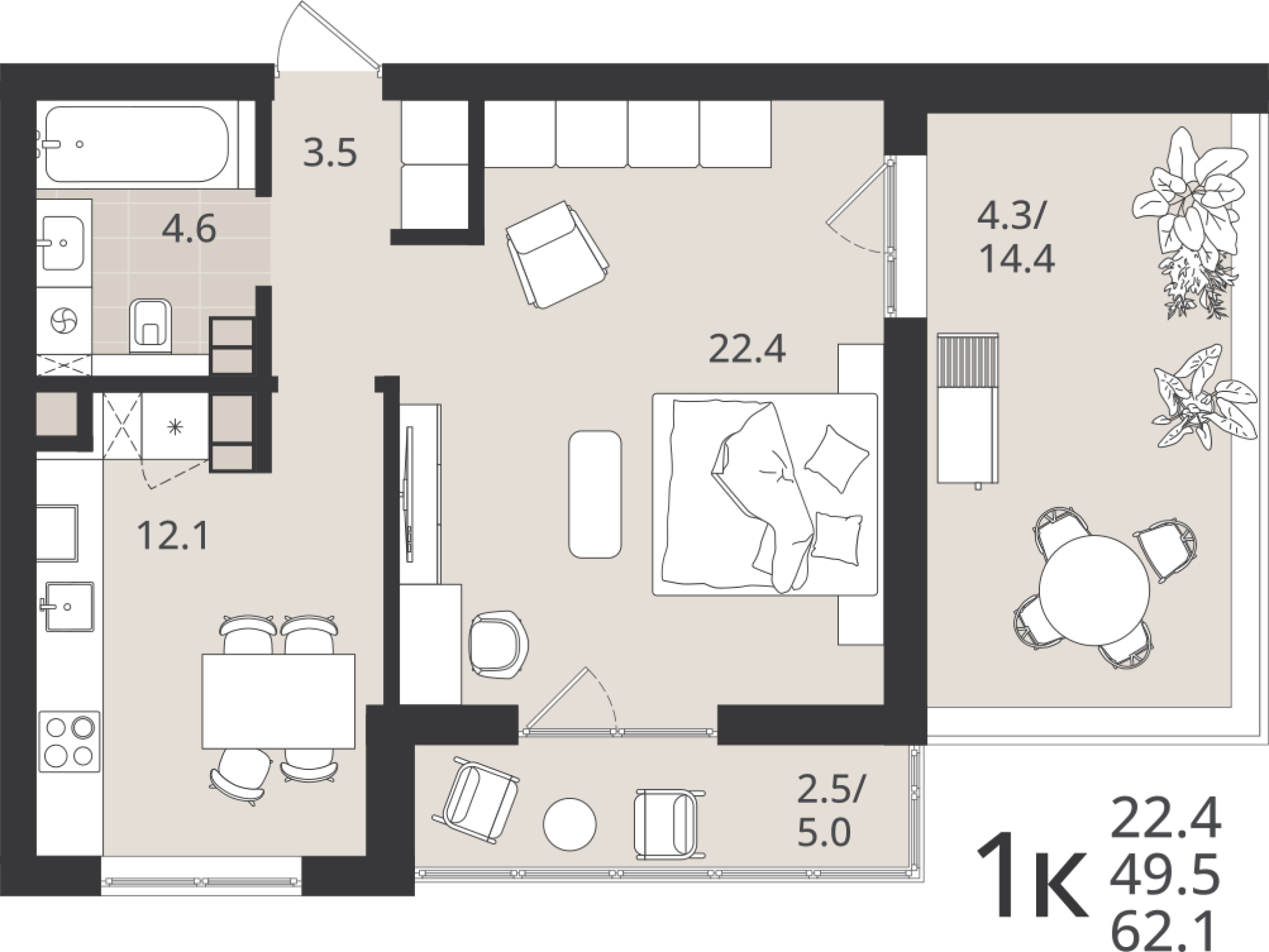 1-комнатная 49 м2 в ЖК Луччи корпус null этаж 8