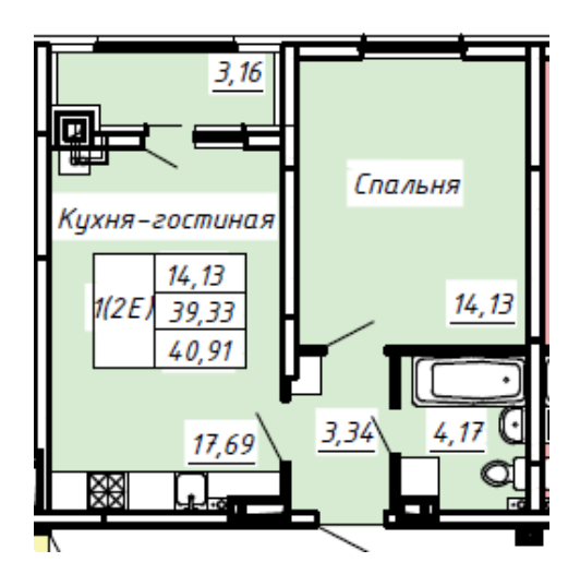 2-комнатная 40.9 м2 в ЖК undefined корпус null этаж 5