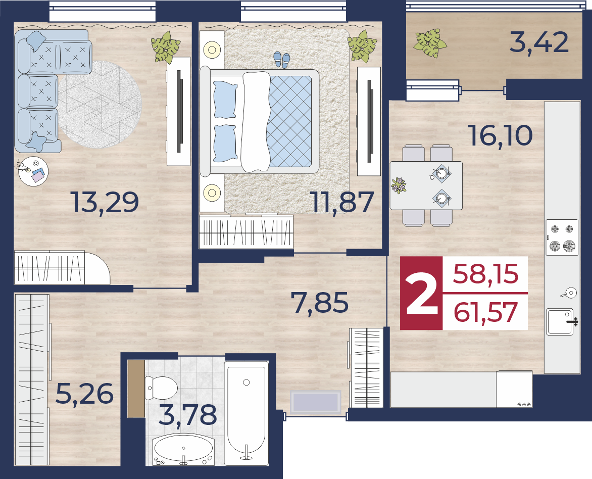 2-комнатная 61.6 м2 в ЖК undefined корпус null этаж 14
