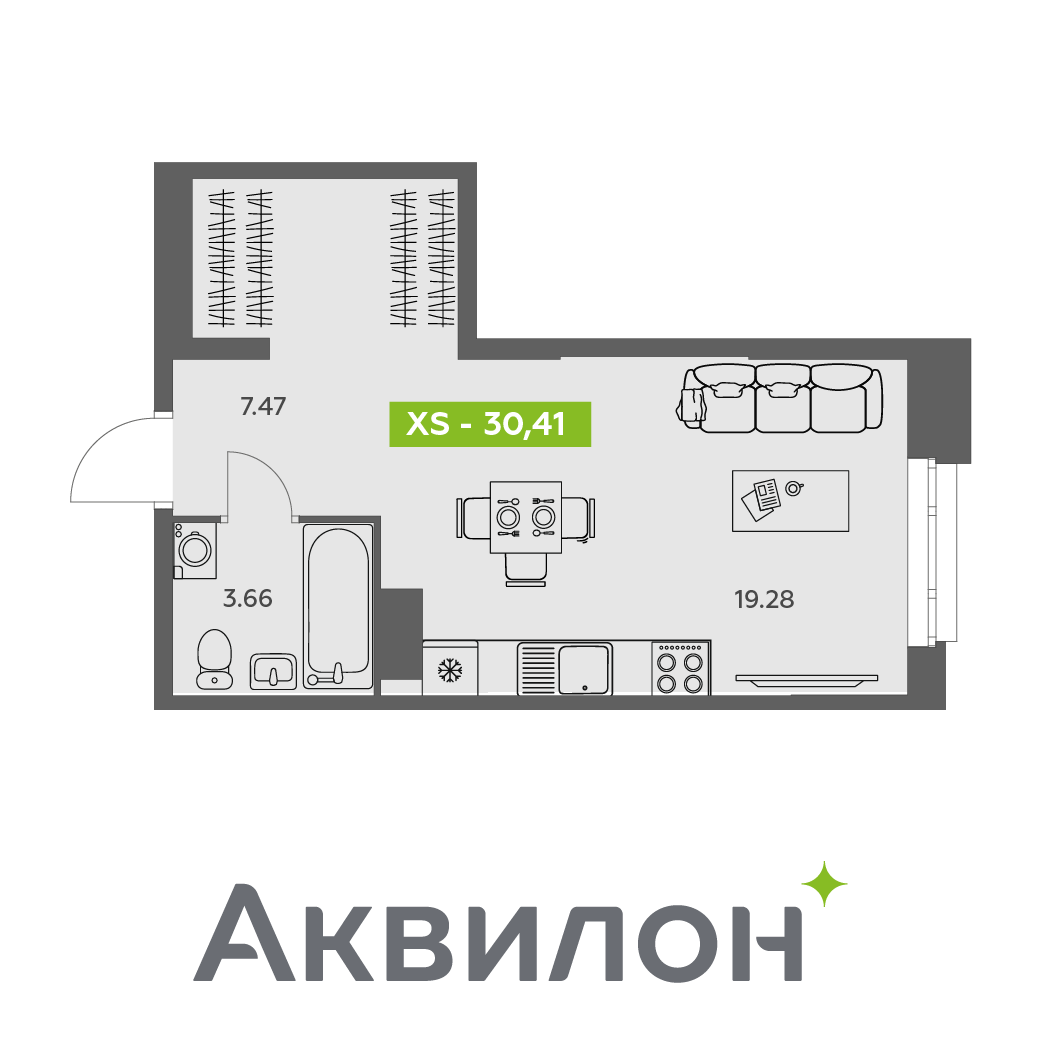 Студия 30 м2 в ЖК Аквилон АКВАРТАЛ корпус null этаж 4