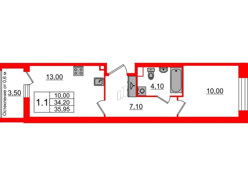 1-комнатная 34 м2 в ЖК Бионика Заповедная корпус null этаж 2