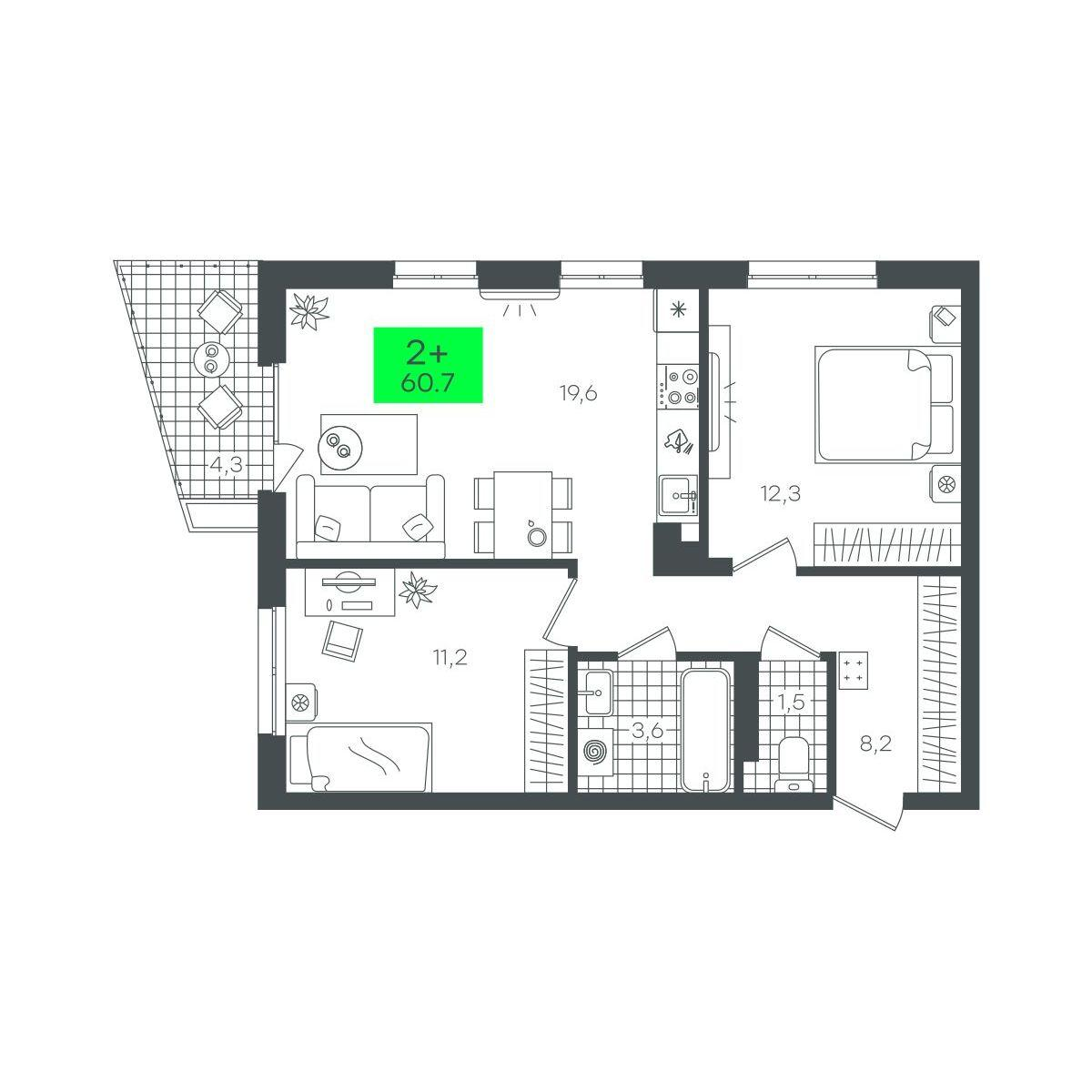 2-комнатная 60 м2 в ЖК Сезоны корпус null этаж 3