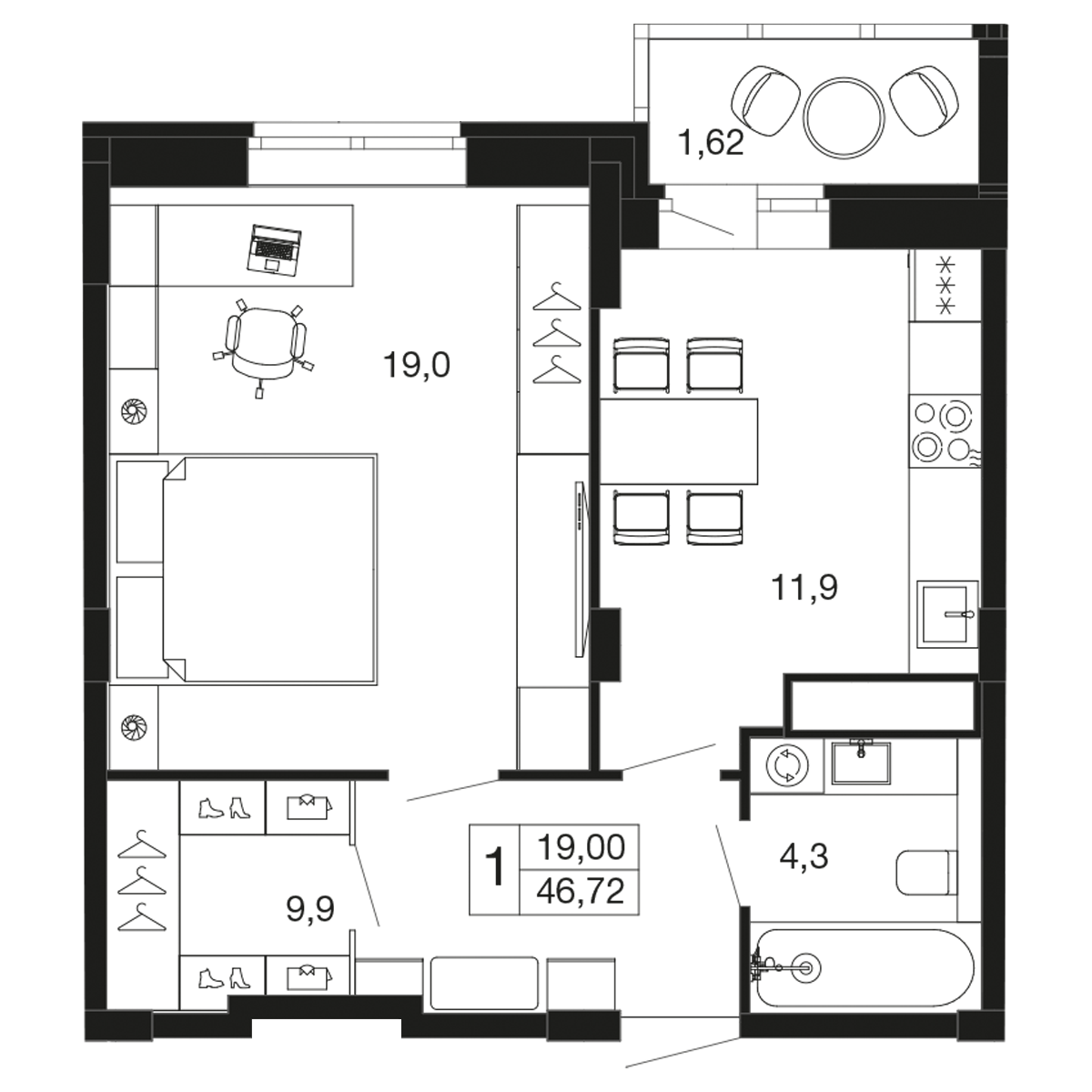 1-комнатная 46 м2 в ЖК Времена года корпус null этаж 6