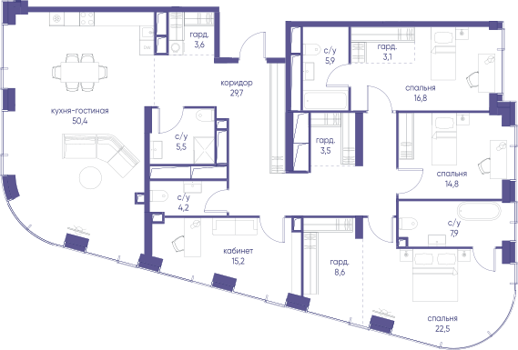 4-комнатная 191 м2 в ЖК Начало корпус null этаж 24