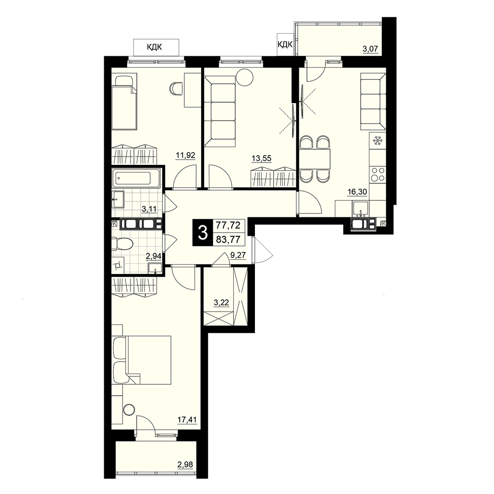 3-комнатная 80 м2 в ЖК Макрорайон Амград корпус null этаж 10