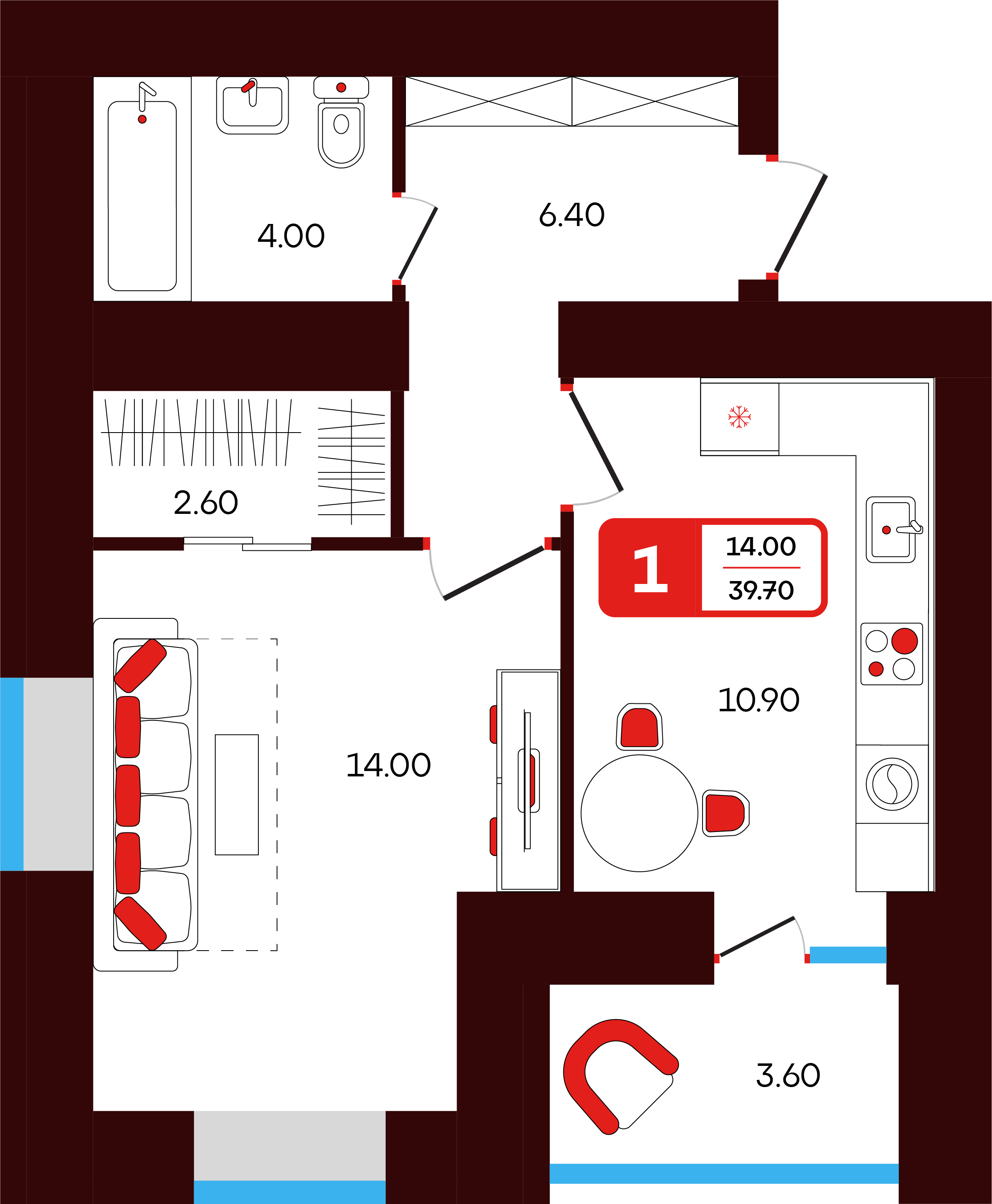1-комнатная 39 м2 в ЖК Тепло корпус null этаж 4