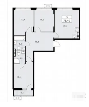 3-комнатная 76.9 м2 в ЖК undefined корпус null этаж 6