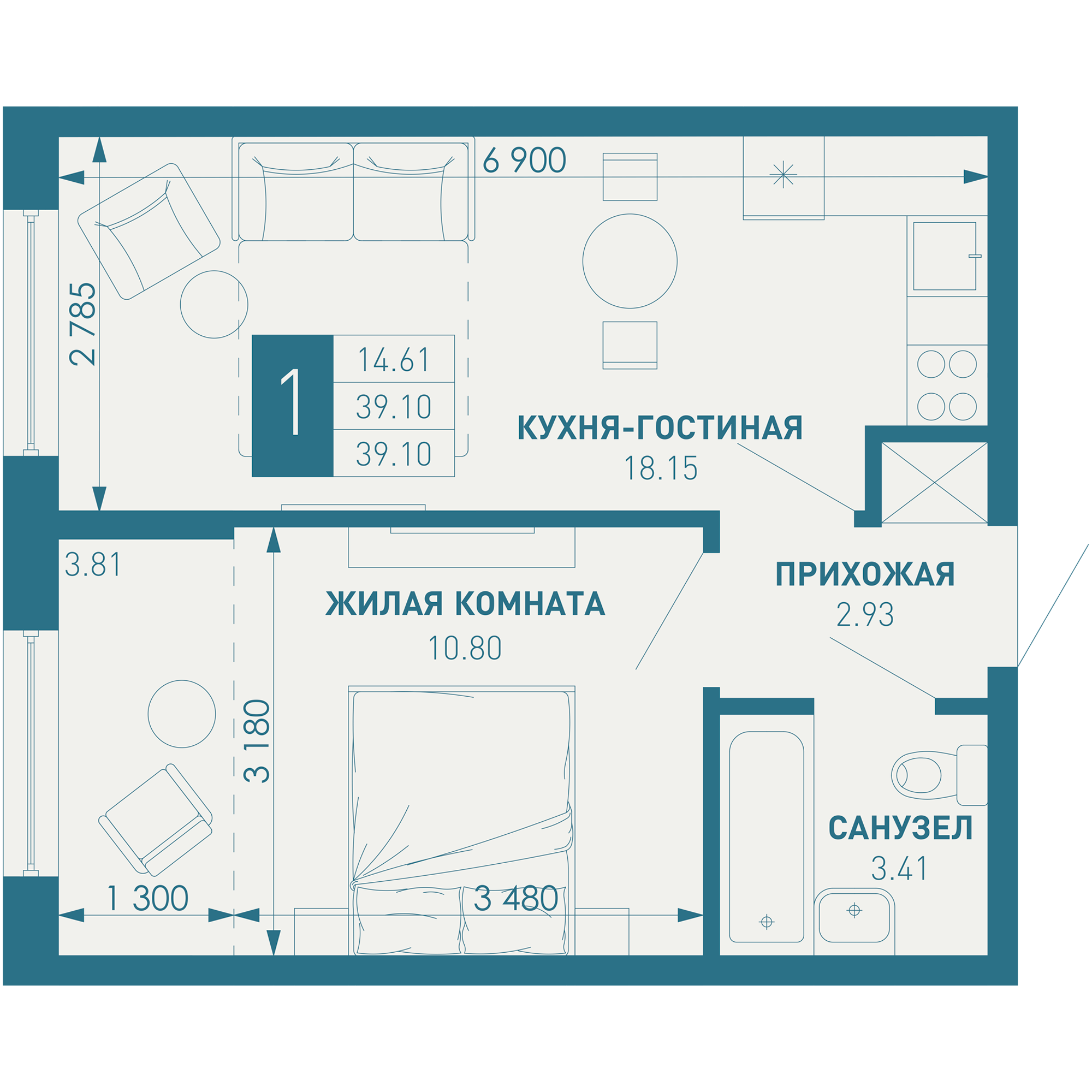 1-комнатная 40 м2 в ЖК ИНАЧЕ в Молодежном корпус null этаж 7